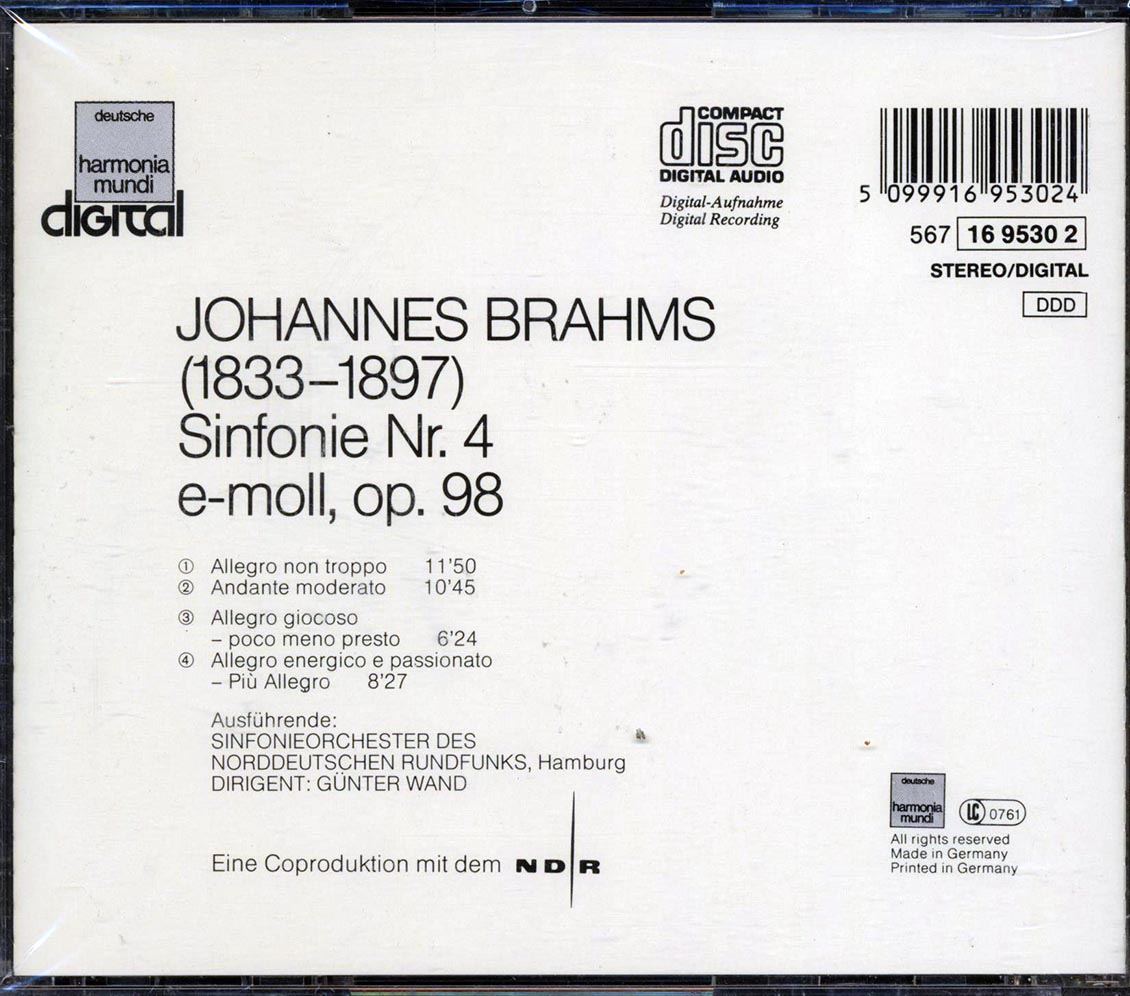 Gunter Wand, Sinfonieorchester Des Norddeutschen Rundfunks, Johannes Brahms - Sinfonie Nr. 4 E-Moll, Opus 98