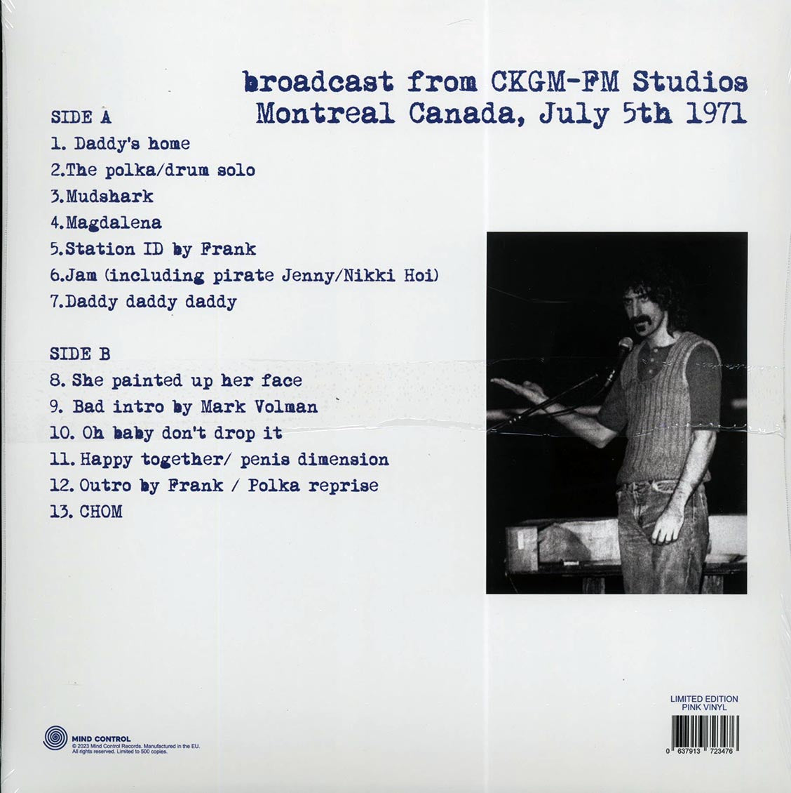 Frank Zappa - Live Montreal 1971: Broadcast From CKGM-FM Studios, Montreal Canada, July 5th 1971 (ltd. 500 copies made) (pink vinyl)