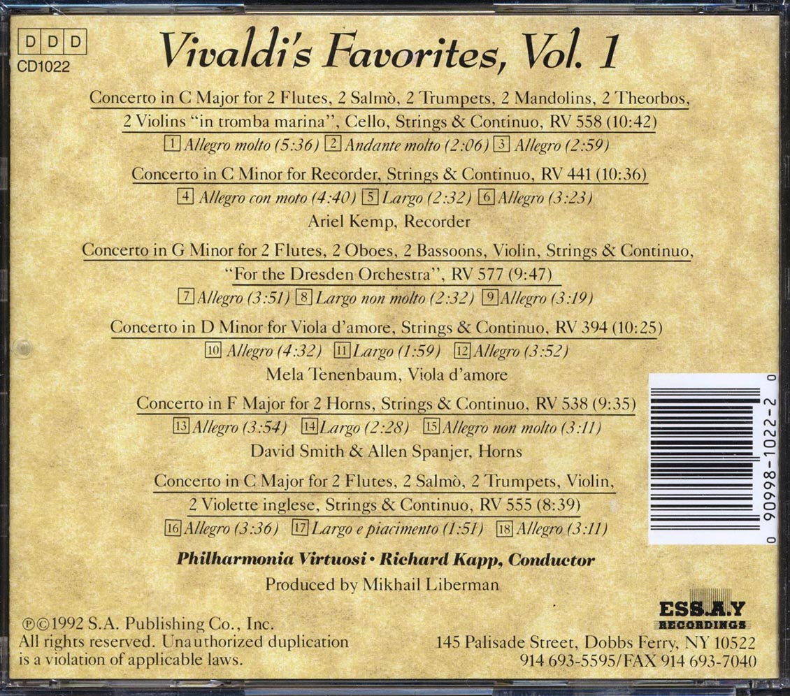 Antonio Vivaldi, Philharmonia Virtuosi, Richard Kapp - Vivaldi's Favorites Volume 1: Six Concertos For Diverse Instruments)