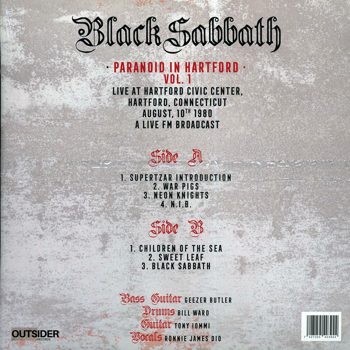 Black Sabbath - Paranoid In Hartford Volume 1: Live At Hartford Civic Center, Hartford Connecticut August 10th 1980 (red vinyl)
