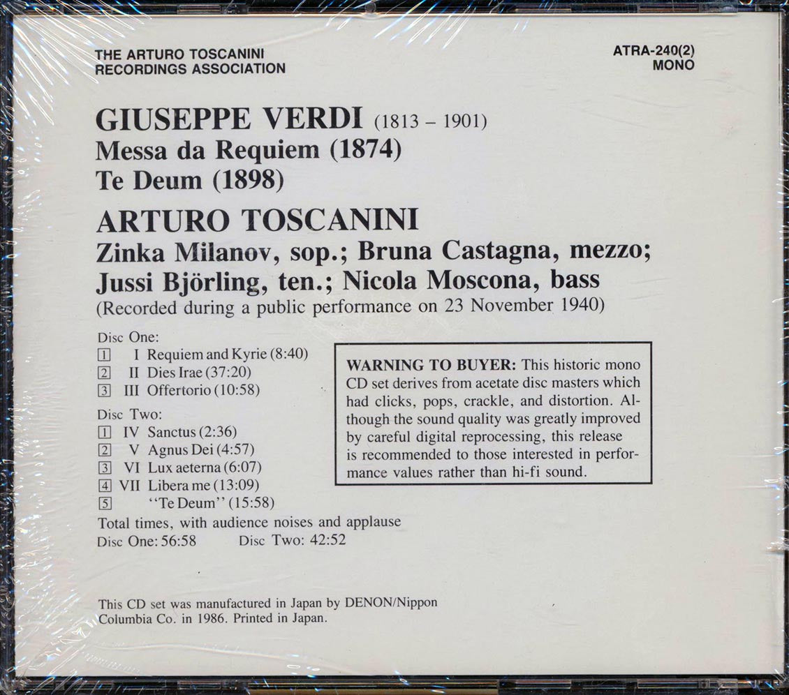 Giuseppe Verdi, Toscanini, Milanov, Castagna, Bjorling, Moscona - Historic Concert Performances From 1940: Requiem Te Deum (Japan) (2xCD)