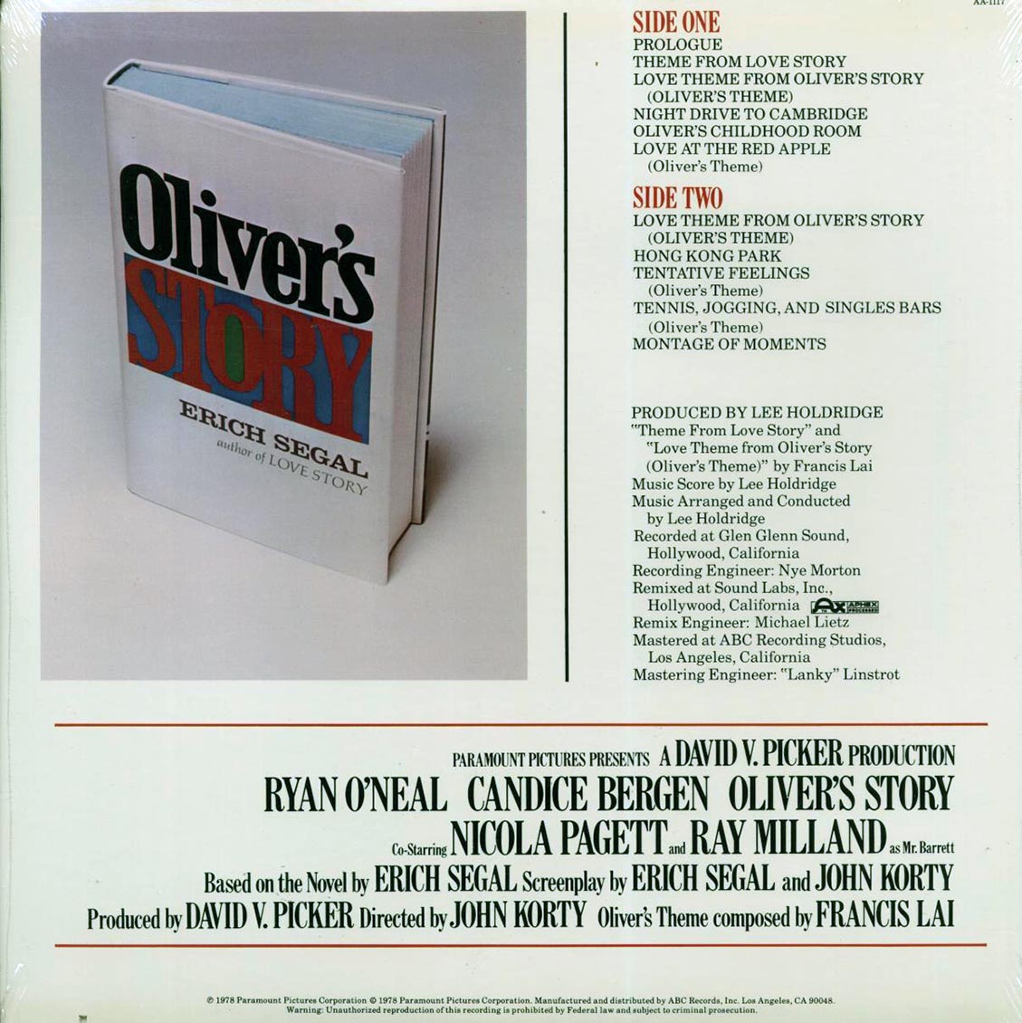 Lee Holdridge - Oliver's Story: Music From The Original Soundtrack Of The Paramount Picture (1978 ORIGINAL PRESS) (orig. press) (marked/ltd stock)