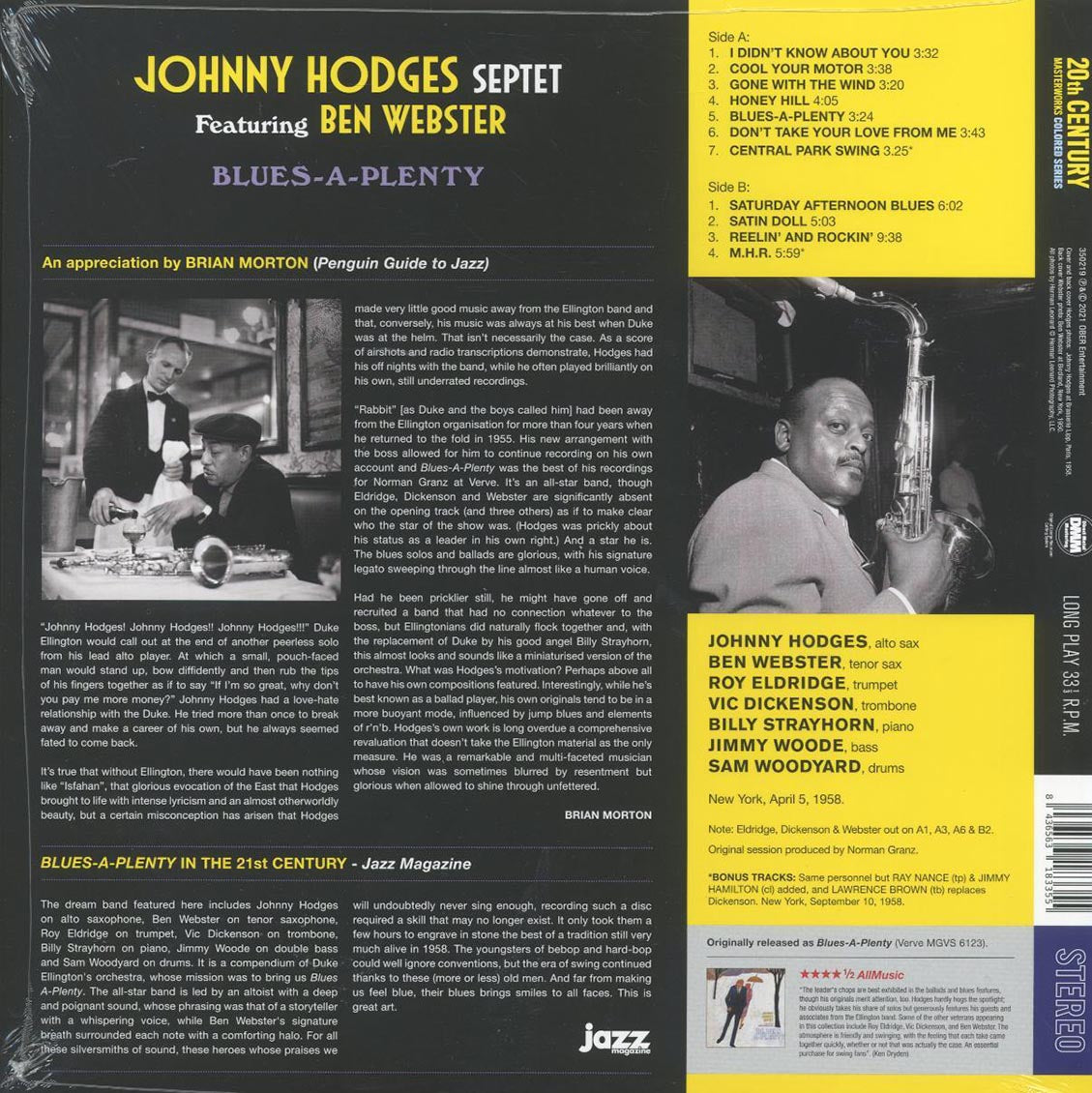 Johnny Hodges Septet, Ben Webster - Blues-A-Plenty (+2 bonus tracks) (ltd. ed.) (180g) (red vinyl)