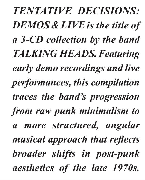 TALKING HEADS - TENTATIVE DECISIONS: DEMOS & LIVE