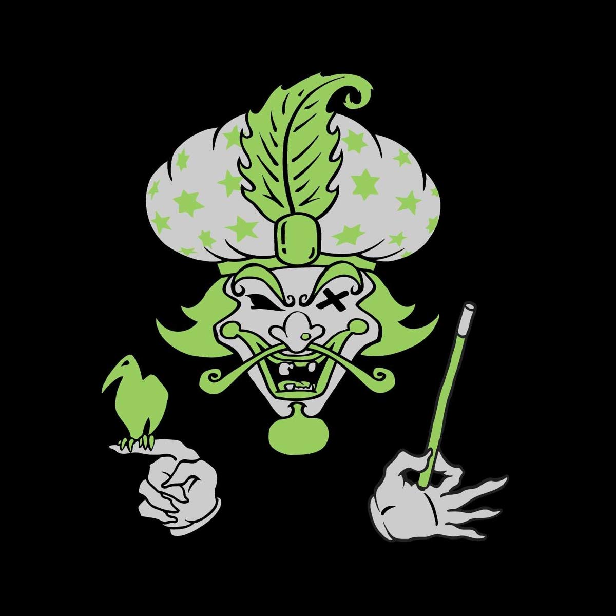 Insane Clown Posse Great Milenko cover art with green and white magician face pieces on black