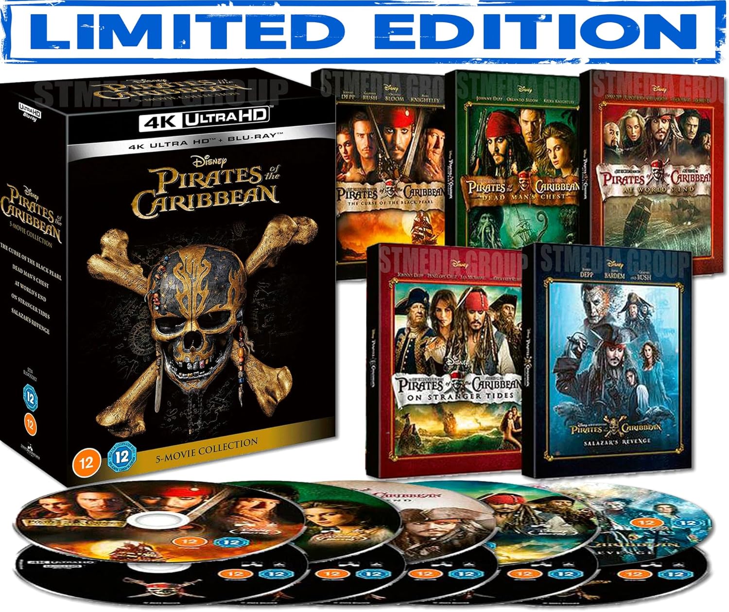 Pirates of the Caribbean five-movie 4K UHD Blu-ray box set with cases and discs