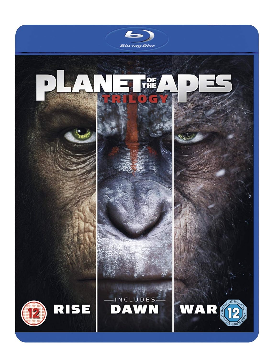Planet of the Apes Trilogy Blu-ray cover featuring Rise, Dawn and War