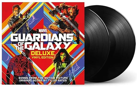 Guardians of the Galaxy deluxe soundtrack cover with two black vinyl records